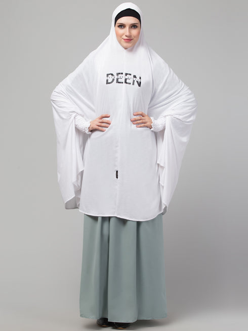 Nazneen Islamic Calligraphy printed stretchable Jersey smoking at sleeve Jilbab cum prayer khimar Hijab