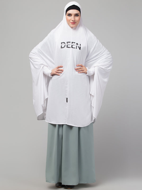 Nazneen Islamic Calligraphy printed stretchable Jersey smoking at sleeve Jilbab cum prayer khimar Hijab