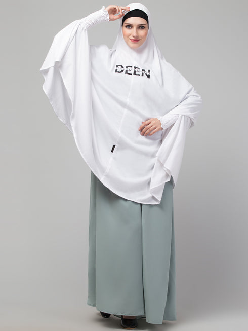 Nazneen Islamic Calligraphy printed stretchable Jersey smoking at sleeve Jilbab cum prayer khimar Hijab