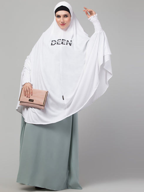 Nazneen Islamic Calligraphy printed stretchable Jersey smoking at sleeve Jilbab cum prayer khimar Hijab