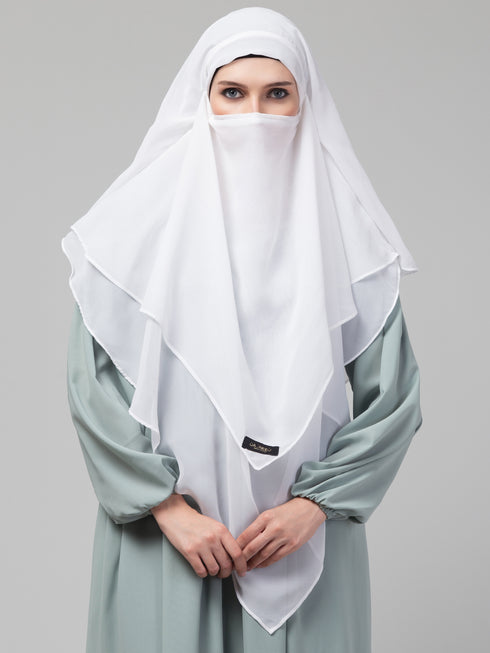 Nazneen White Triangle tow layers tie at back Ready to wear Hijab cum Naqab