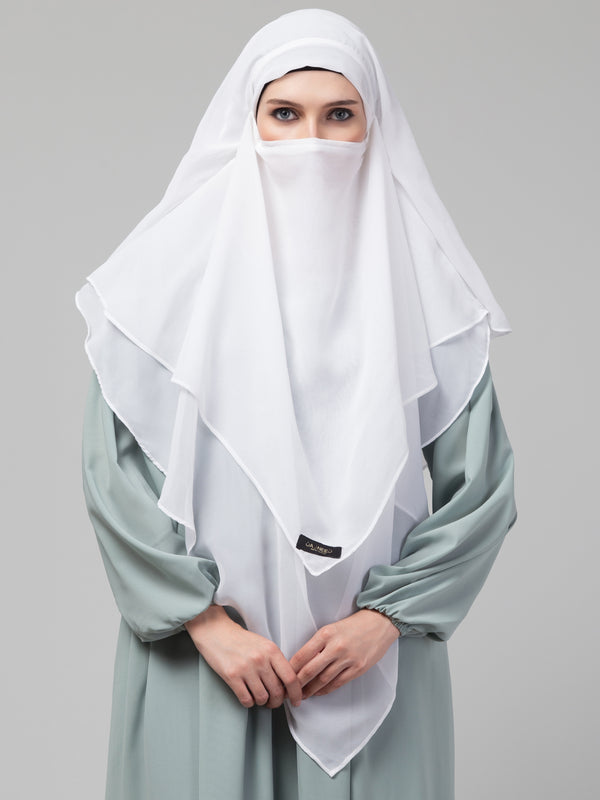Nazneen White Triangle tow layers tie at back Ready to wear Hijab cum Naqab