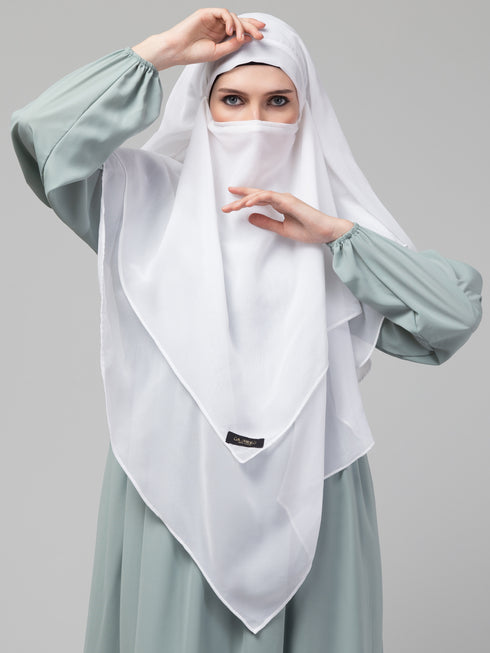 Nazneen White Triangle tow layers tie at back Ready to wear Hijab cum Naqab