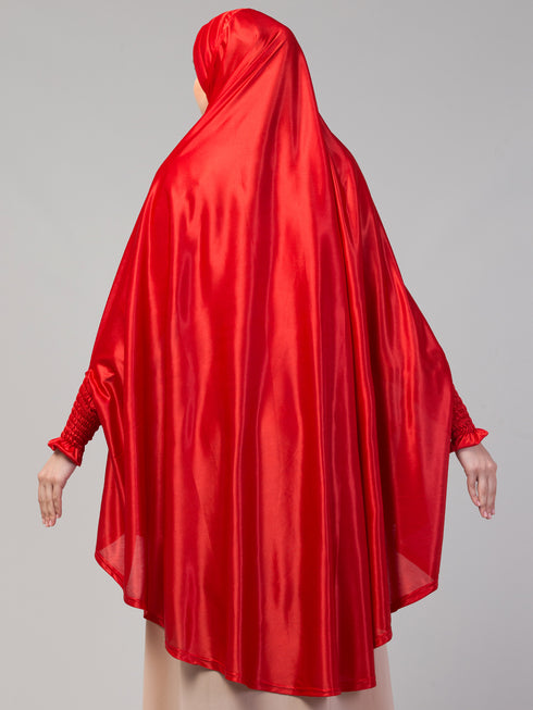 nazneen slip-on khimar - red polyester, full sleeve, solid design