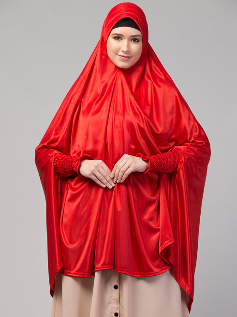 nazneen slip-on khimar - red polyester, full sleeve, solid design