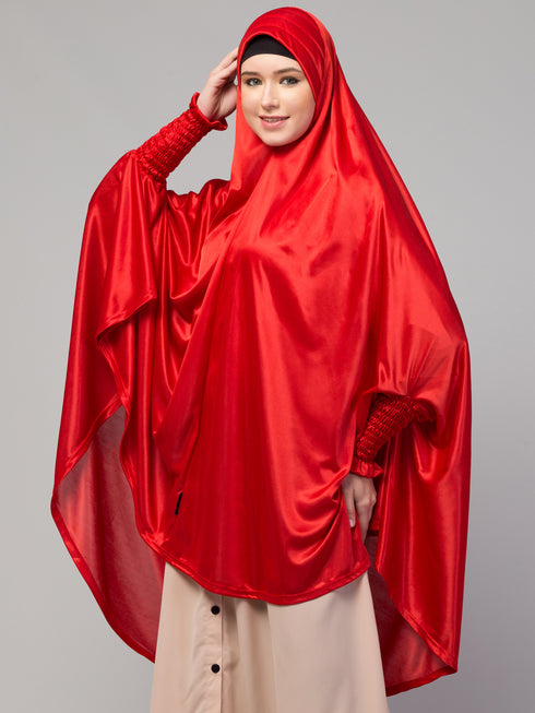 nazneen slip-on khimar - red polyester, full sleeve, solid design