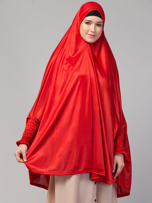 nazneen slip-on khimar - red polyester, full sleeve, solid design
