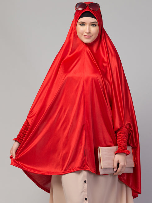 nazneen slip-on khimar - red polyester, full sleeve, solid design