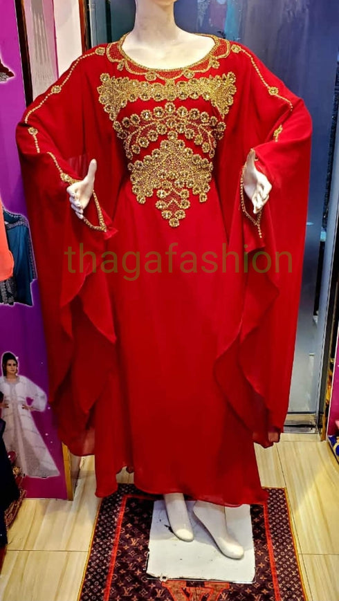 Red Zari Stone Work Georgette Islamic Style Beads Embedded Partywear Kaftan Evening wear Dubai kaftan Abaya Jilbab