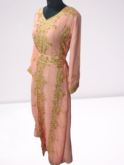 Peach Ari Stone Work Georgette Islamic Style Beads Embedded Partywear Kaftan Long Gown Evening wear Dubai kaftan