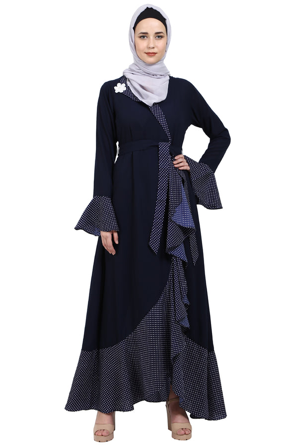Designer abaya with Polka dotted frills- Navy Blue