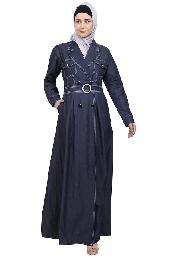 Blue Denim Women’s Cotton Front Open Abaya Dress for EID