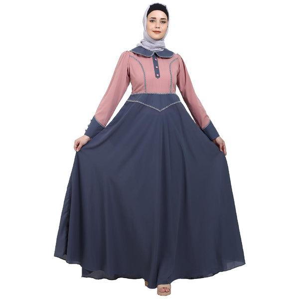Dual colored abaya with Baby collar- Pink-Grey