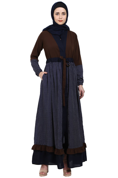 Classic front open abaya with polka dot- Coffee-Navy Blue