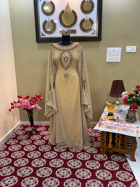 Beige Handcrafted Zari work Stitched Georgette Kaftan Party Wedding Dresses