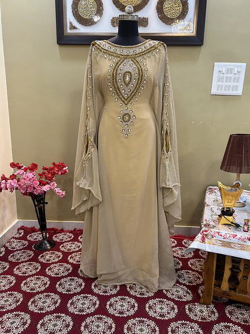 Beige Handcrafted Zari work Stitched Georgette Kaftan Party Wedding Dresses