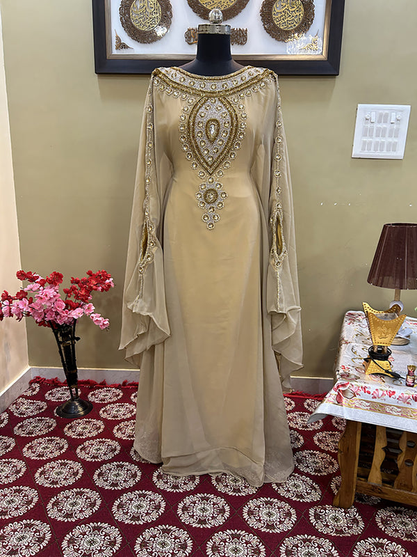 Beige Handcrafted Zari work Stitched Georgette Kaftan Party Wedding Dresses