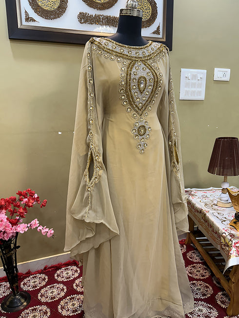 Beige Handcrafted Zari work Stitched Georgette Kaftan Party Wedding Dresses