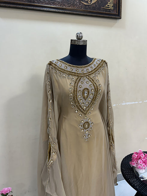 Beige Handcrafted Zari work Stitched Georgette Kaftan Party Wedding Dresses