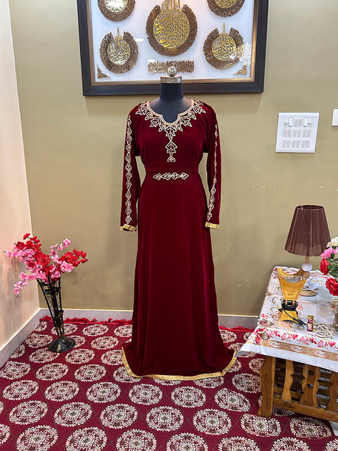 Maroon Handcrafted Zari work Stitched Georgette Kaftan Party Wedding Dresses