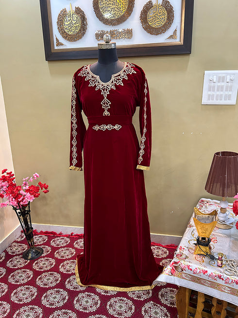 Maroon Handcrafted Zari work Stitched Georgette Kaftan Party Wedding Dresses