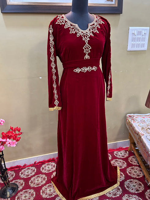 Maroon Handcrafted Zari work Stitched Georgette Kaftan Party Wedding Dresses