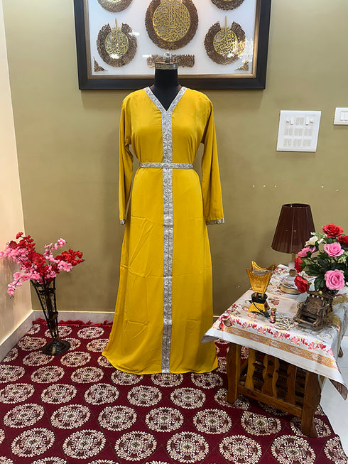 Yellow Handcrafted Zari work Stitched Georgette Kaftan Party Wedding Dresses