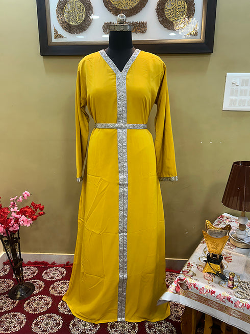 Yellow Handcrafted Zari work Stitched Georgette Kaftan Party Wedding Dresses