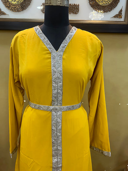 Yellow Handcrafted Zari work Stitched Georgette Kaftan Party Wedding Dresses