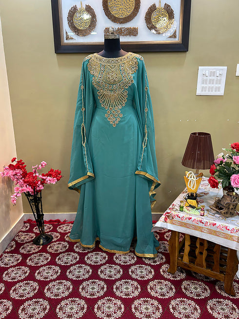 Sea-Green Handcrafted Zari work Stitched Georgette Kaftan Party Wedding Dresses