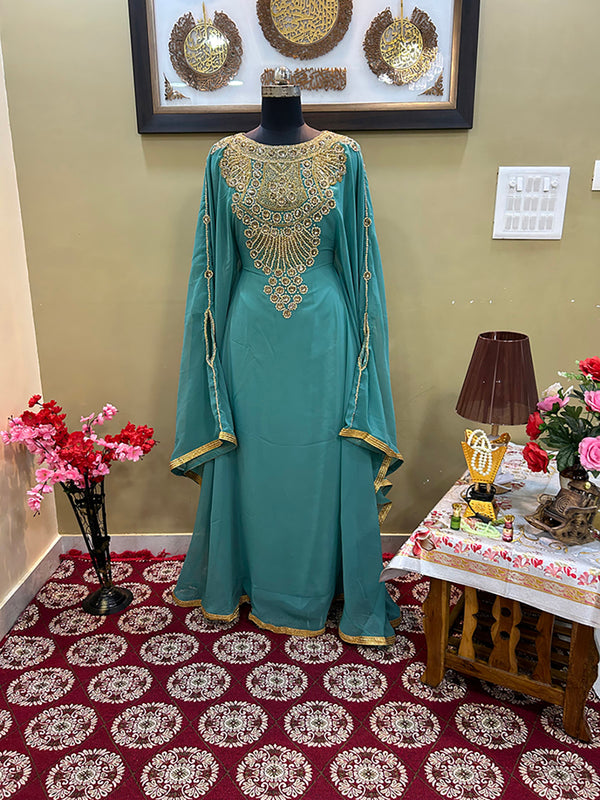 Sea-Green Handcrafted Zari work Stitched Georgette Kaftan Party Wedding Dresses