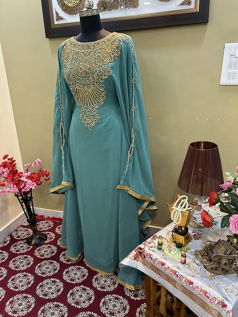 Sea-Green Handcrafted Zari work Stitched Georgette Kaftan Party Wedding Dresses