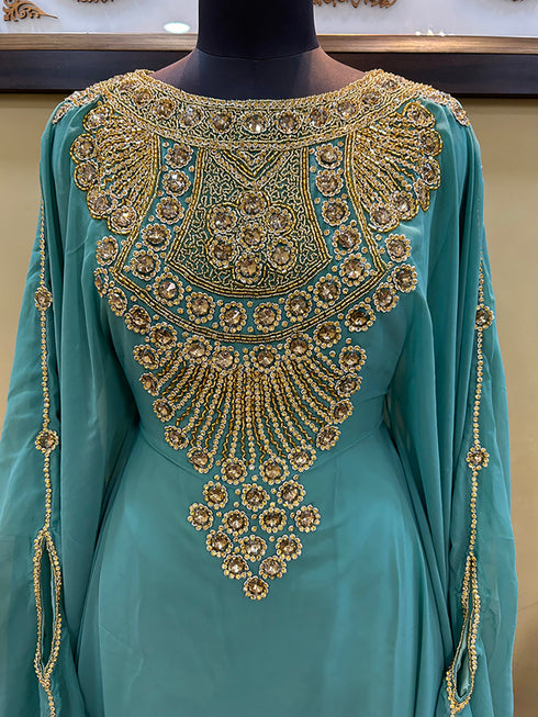 Sea-Green Handcrafted Zari work Stitched Georgette Kaftan Party Wedding Dresses
