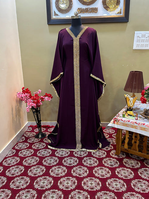 Wine Handcrafted Zari work Stitched Georgette Kaftan Party Wedding Dresses