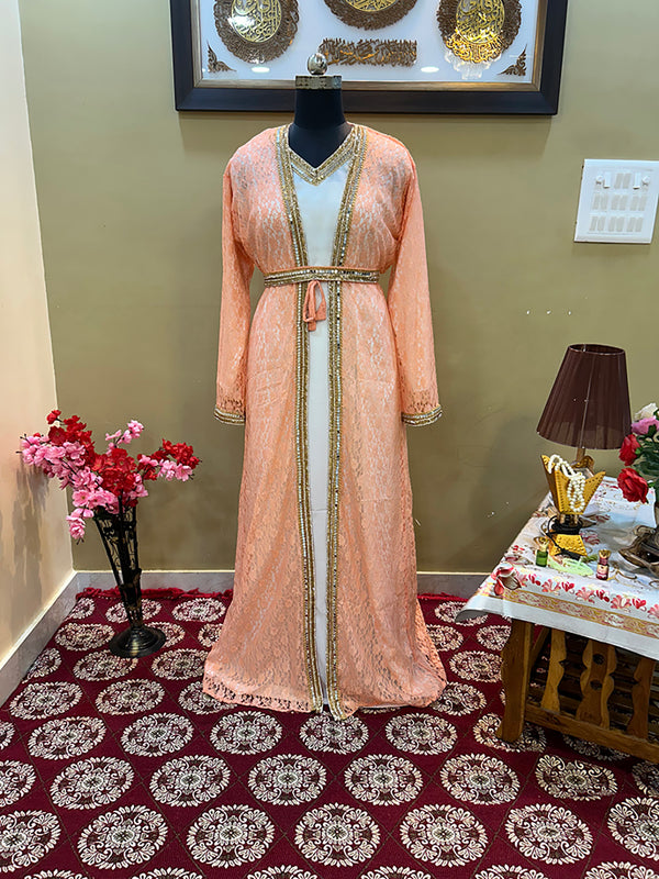 Peach Handcrafted Zari work Stitched Georgette Kaftan Party Wedding Dresses