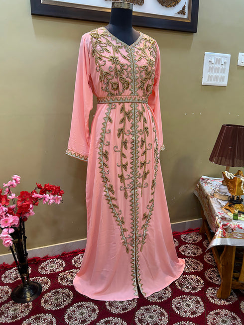 Baby-Pink Handcrafted Zari work Stitched Georgette Kaftan Party Wedding Dresses