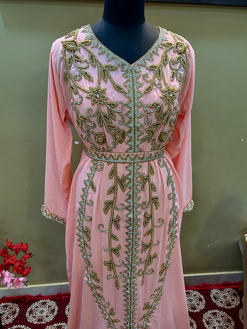 Baby-Pink Handcrafted Zari work Stitched Georgette Kaftan Party Wedding Dresses