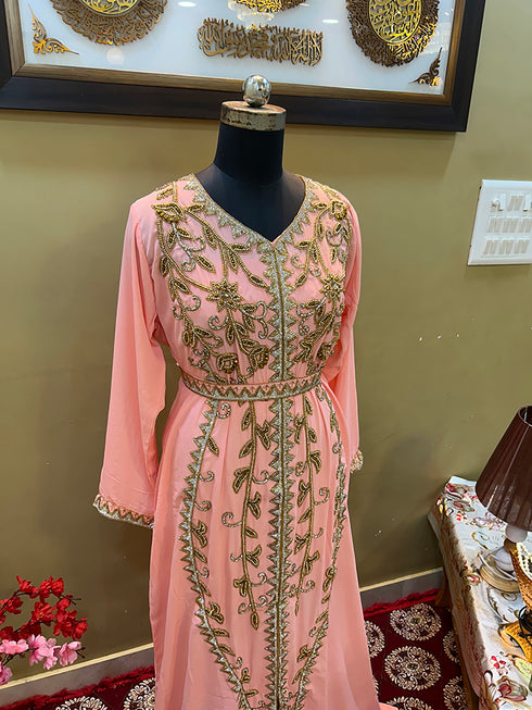 Baby-Pink Handcrafted Zari work Stitched Georgette Kaftan Party Wedding Dresses
