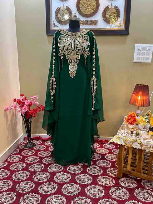 Grand Emerald Green Kaftan Gown with Heavy Gold Zari Work | Luxury Nikkah & Wedding Dress