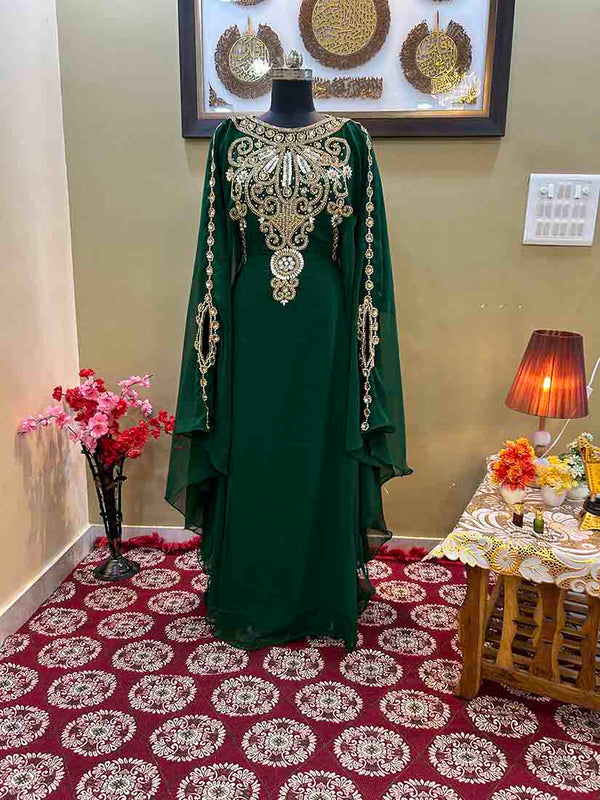Grand Emerald Green Kaftan Gown with Heavy Gold Zari Work | Luxury Nikkah & Wedding Dress