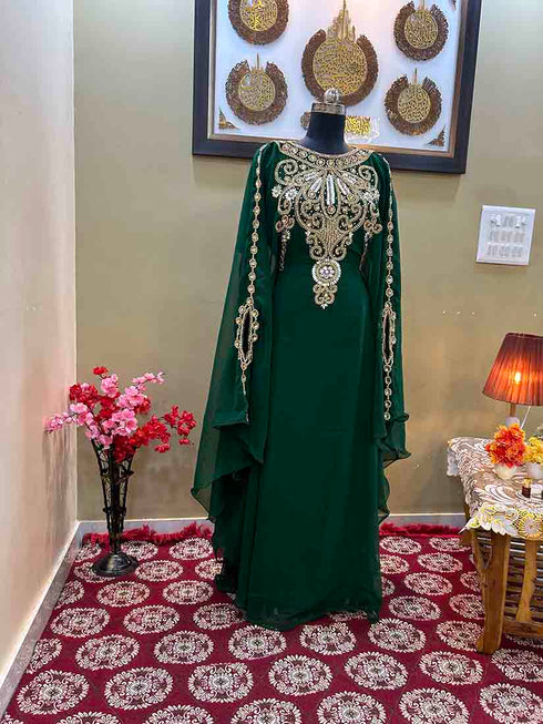 Grand Emerald Green Kaftan Gown with Heavy Gold Zari Work | Luxury Nikkah & Wedding Dress