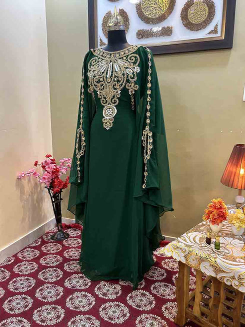 Grand Emerald Green Kaftan Gown with Heavy Gold Zari Work | Luxury Nikkah & Wedding Dress
