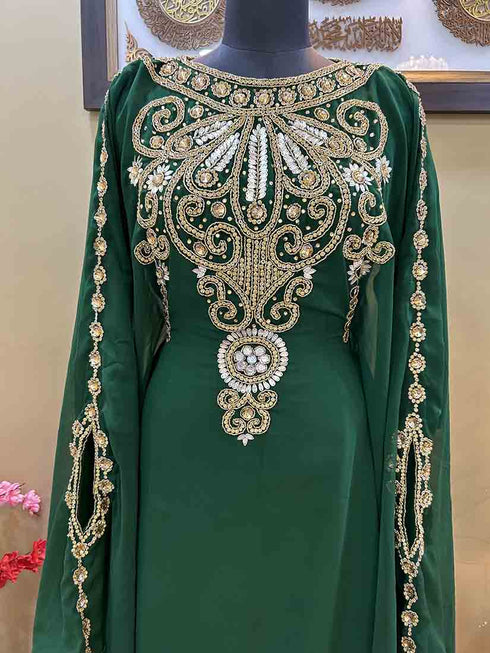 Grand Emerald Green Kaftan Gown with Heavy Gold Zari Work | Luxury Nikkah & Wedding Dress