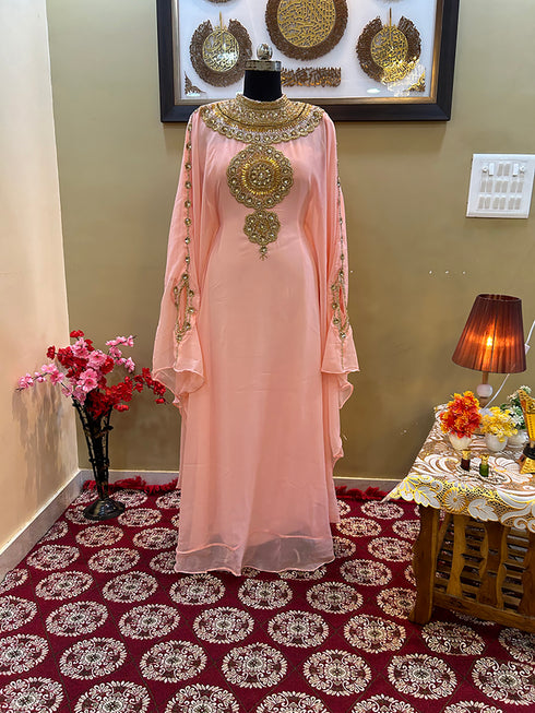 Peach Georgette Zari Work Kaftan