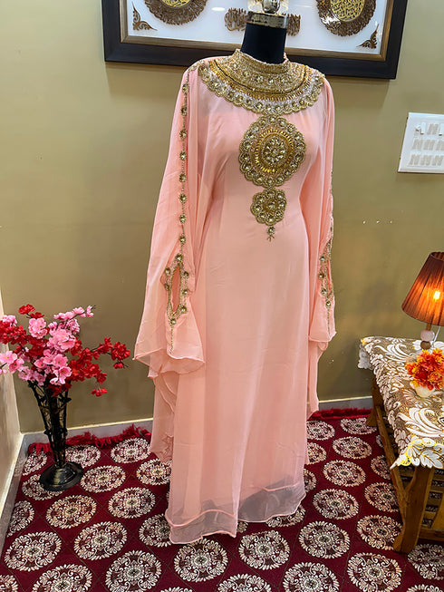 Peach Georgette Zari Work Kaftan