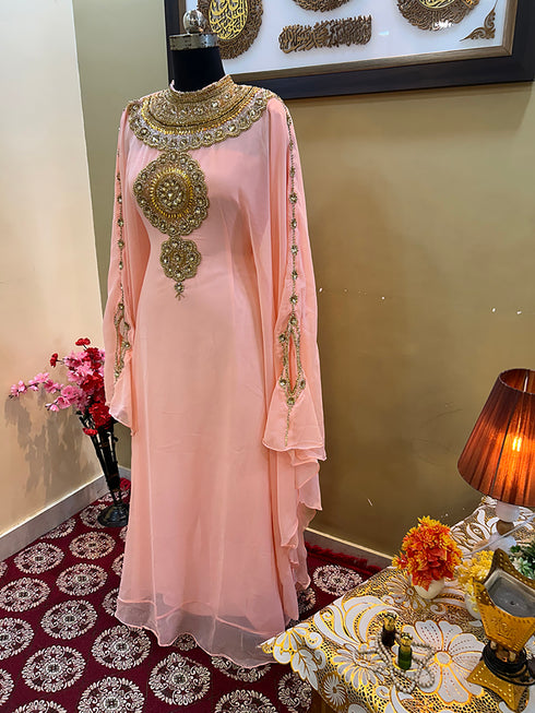 Peach Georgette Zari Work Kaftan
