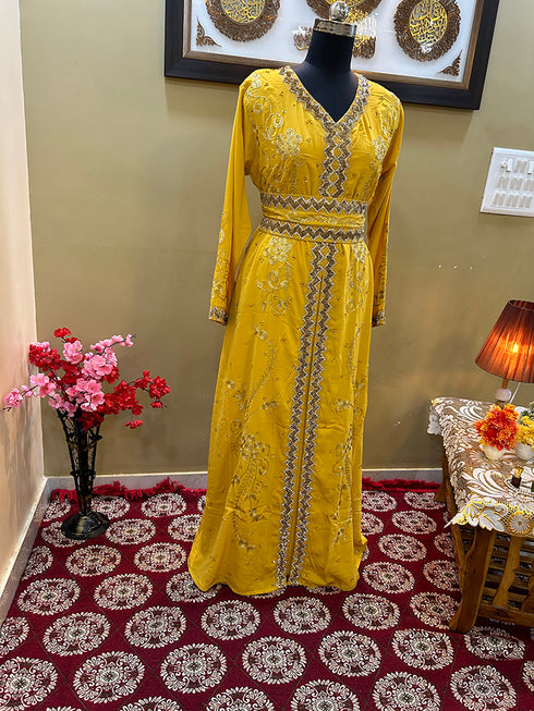 Dark-Gold Handcrafted Zari work Stitched Georgette Kaftan Party Wedding Dresses