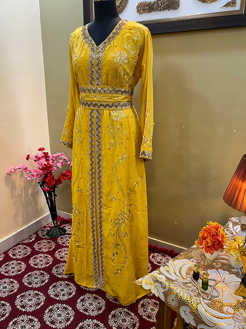 Dark-Gold Handcrafted Zari work Stitched Georgette Kaftan Party Wedding Dresses