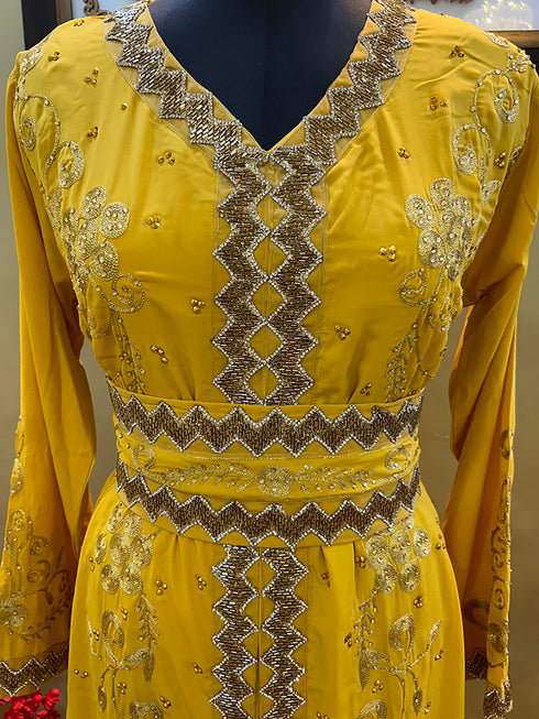 Dark-Gold Handcrafted Zari work Stitched Georgette Kaftan Party Wedding Dresses