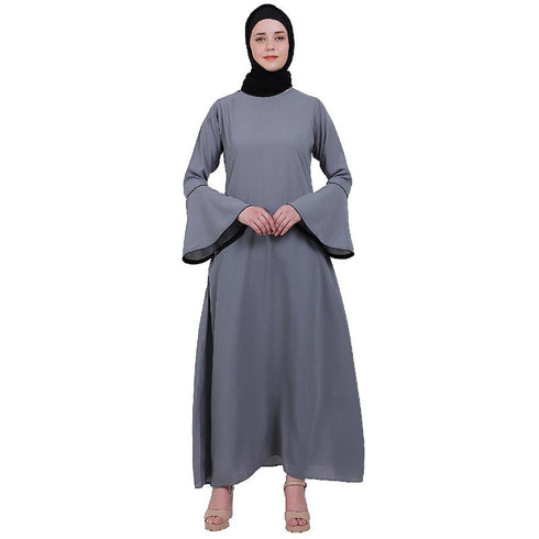 Casual A-line abaya with bell sleeves- Grey